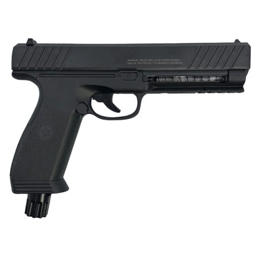 Black airsoft gun with a tactical design, featuring a textured grip and sleek slide, ideal for realistic training.