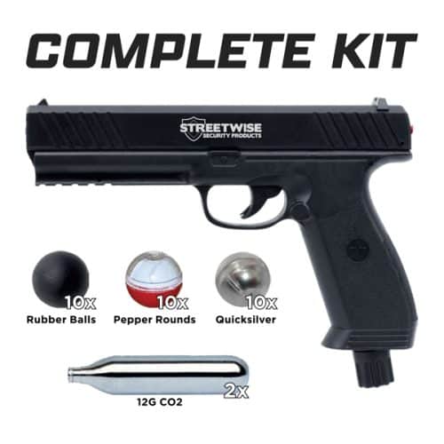 Streetwise Security pellet gun kit with rubber balls, pepper rounds, quicksilver, and CO2 cartridges.