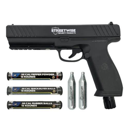 Non-lethal self-defense kit with pepper, rubber, and Quicksilver balls plus CO2 cartridges.