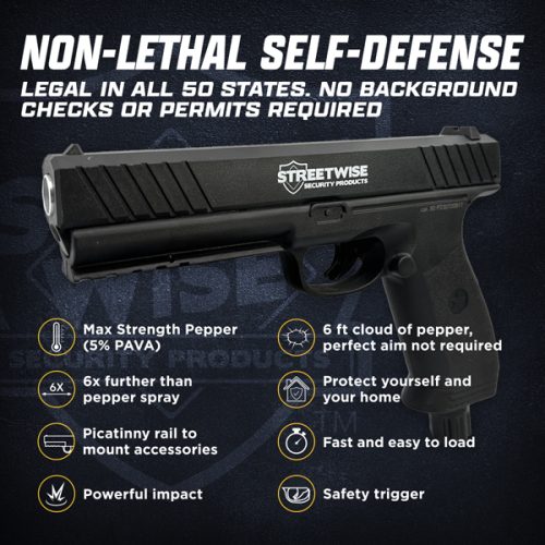 Non-lethal self-defense pepper gun by Streetwise. Legal in all states. Features max strength 5% PAVA and safety trigger.