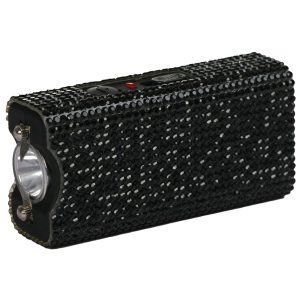 Black sparkly covered battery, adorned with glossy rhinestones, standing against a white background.