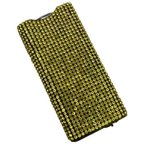 Golden rhinestone-covered flip phone case with sparkling, glamorous design. Perfect for luxury accessory lovers.