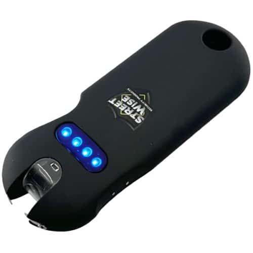 Black Streetwise stun gun with blue LED indicators, compact design for personal safety.