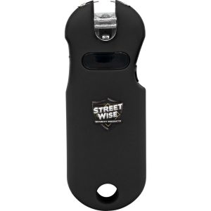 Compact black Streetwise stun gun with a built-in flashlight for personal protection and safety.