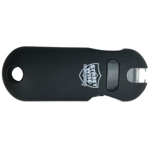 Black Streetwise keychain stun gun with metal prongs, compact size for personal safety.