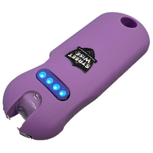 Purple self-defense stun gun with LED indicators, compact and portable design for personal safety.