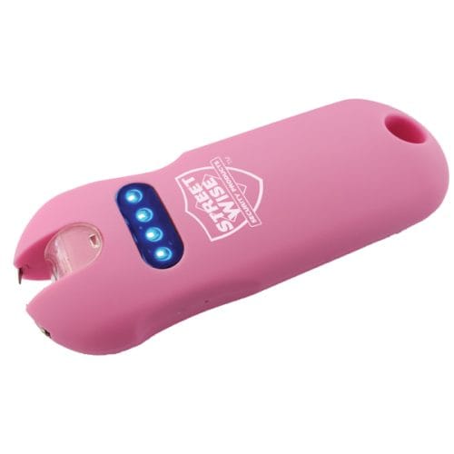 Pink handheld self-defense stun gun with LED lights, compact design for personal security.