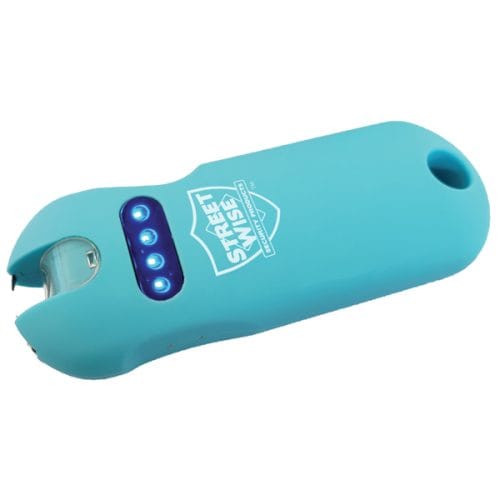 Blue handheld stun gun with safety switch and LED lights for personal protection.