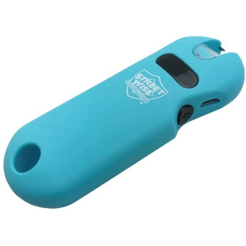 Teal handheld self-defense device with a branding logo on it.