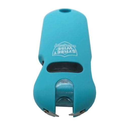 Compact teal stun gun for personal safety with a sleek design.