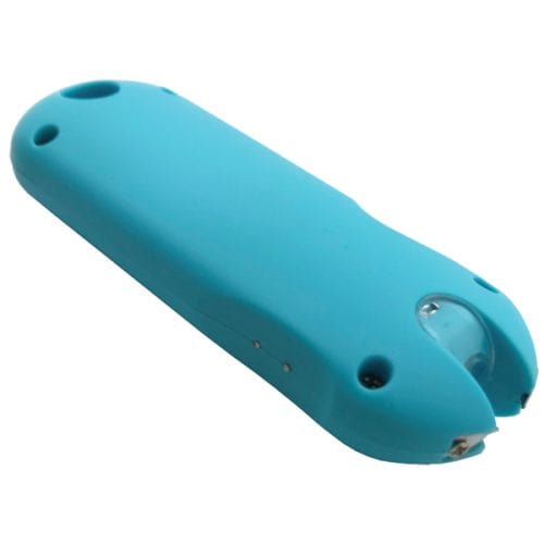 Blue electric can opener with a compact design.