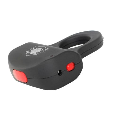 Black personal alarm device with red button for safety and security. Portable self-defense tool.