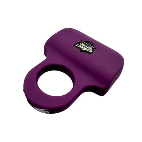 Purple self-defense keychain alarm with Streetwise logo, featuring a circular grip and compact design.