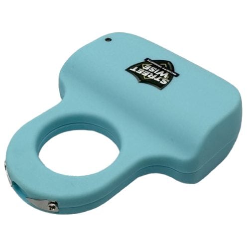 Compact blue self-defense tool with finger grip, featuring a small logo on top.