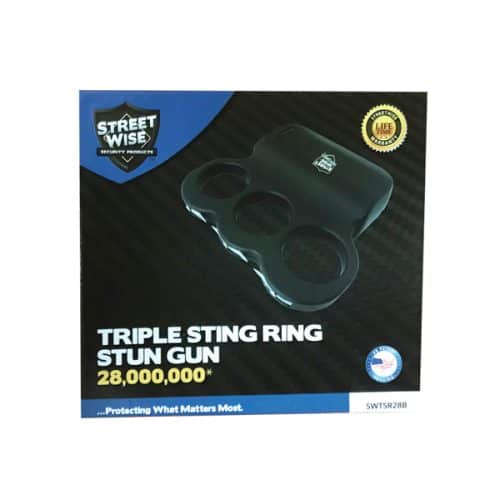 Streetwise Triple Sting Ring Stun Gun packaging with 28,000,000 volts for personal protection.