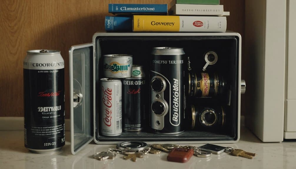 Books stacked on a cabinet with an open safe containing soda cans and camera lenses, keys in front.