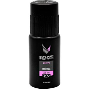 Axe Excite deodorant body spray, 4oz black bottle, offers all-day freshness with a captivating scent.