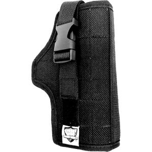 Black tactical gun holster with strap and buckle, designed for secure firearm carry and easy access.