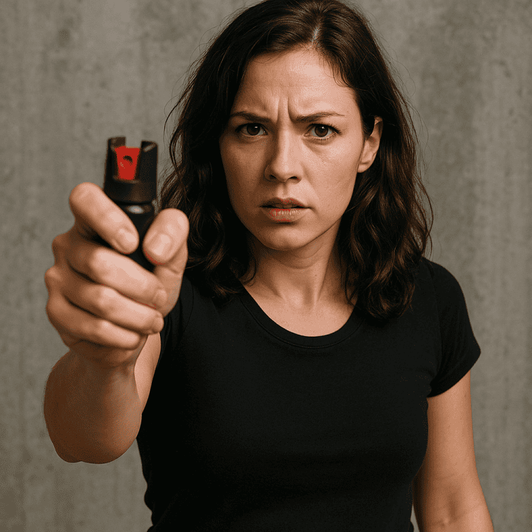 Woman holding Mace pepper spray defensively, emphasizing personal safety and self-defense against a concrete backdrop.