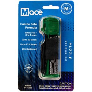 Mace dog repellent spray, canine-safe formula with safety flip and grip trigger, up to 20 bursts, 10 ft range.