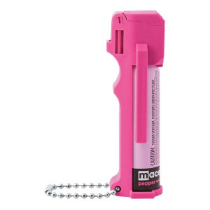 Pink pepper spray canister with keychain for self-defense. Compact and portable design for personal safety.