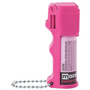 Pink pepper spray for self-defense with keychain attachment.