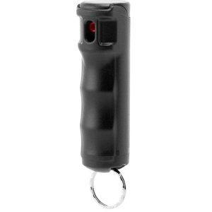Black pepper spray canister with keychain attachment, designed for personal safety.