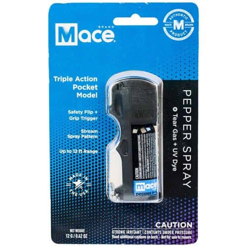 Mace pepper spray packaging, triple action model with safety features, 12 ft range, tear gas, and UV dye included.