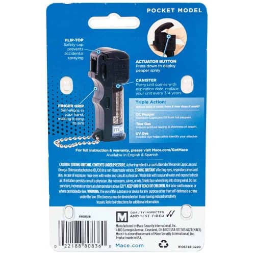 Pepper spray package with flip-top safety cap, actuator button, and chain for easy carry. Triple Action formula details.