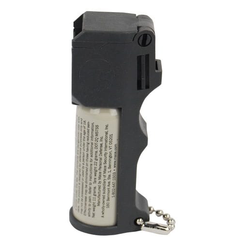 Compact black and white pepper spray with keychain for personal safety.