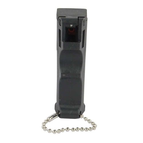 Compact pepper spray with keychain for personal safety and self-defense.