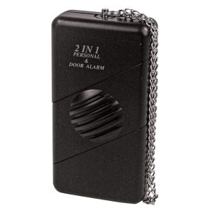 Black 2-in-1 personal and door alarm with chain for safety and security. Portable security device.