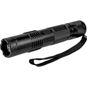 Black tactical flashlight with textured grip and wrist strap, designed for outdoor use and emergency situations.