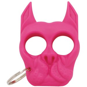 Pink cat-shaped keychain with finger holes, used for self-defense.