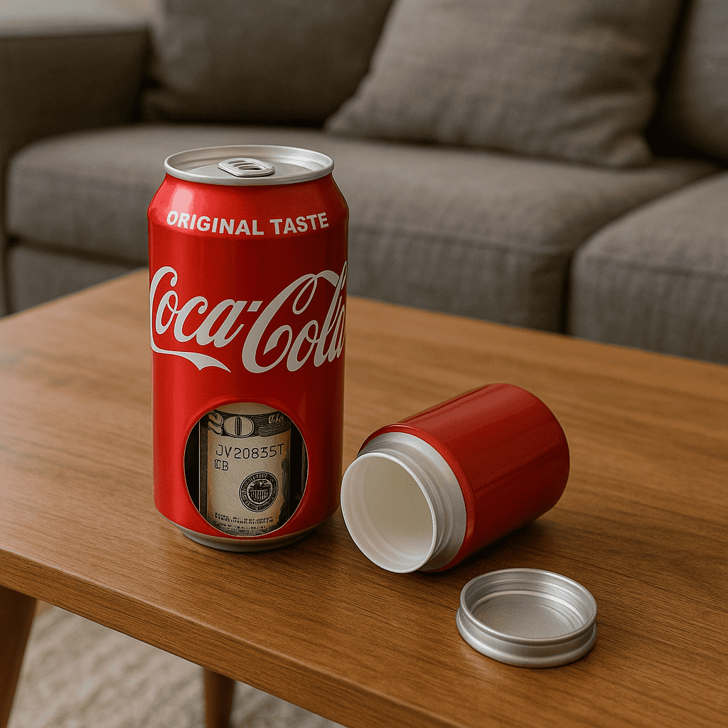 Coca-Cola can with a secret compartment holding money, sitting on a wooden table in a cozy living room setting.