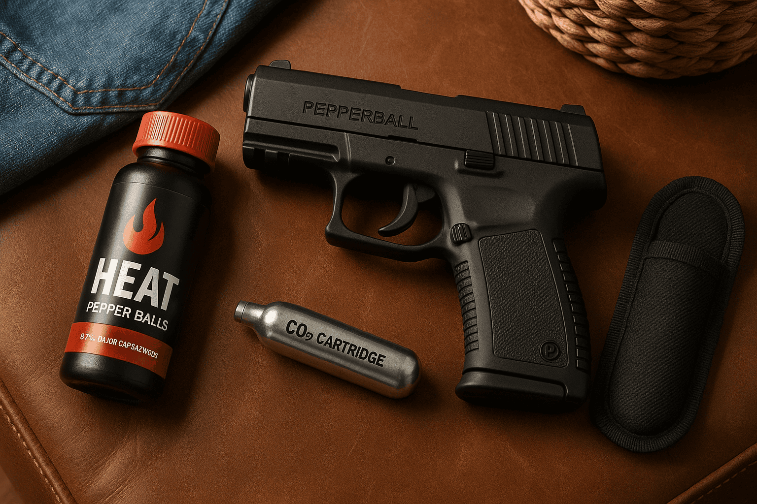Pepperball gun, CO2 cartridge, and pepper balls on leather surface.