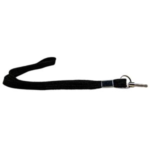 Black wrist lanyard with silver keyring, ideal for holding keys or small devices.