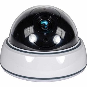 Dome security camera with black lens and white base, ideal for surveillance and monitoring systems.