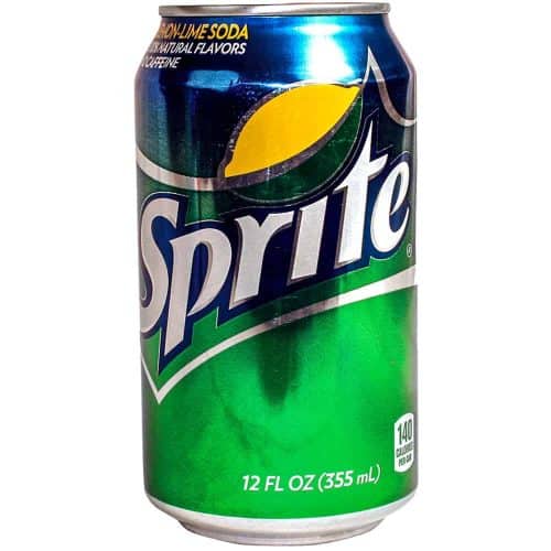 Can of lemon-lime soda against white background, highlighting refreshing 12 fl oz Sprite beverage, zero caffeine, 140 calories.