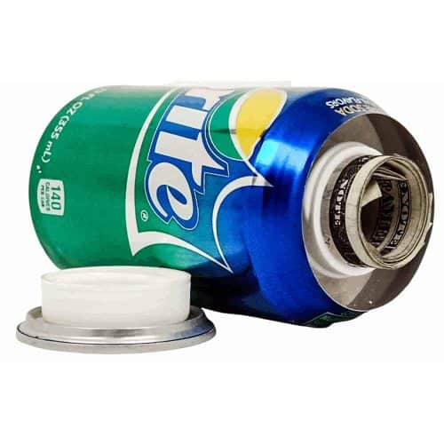 Hidden money stash inside a soda can safe, lid open revealing rolled cash inside.