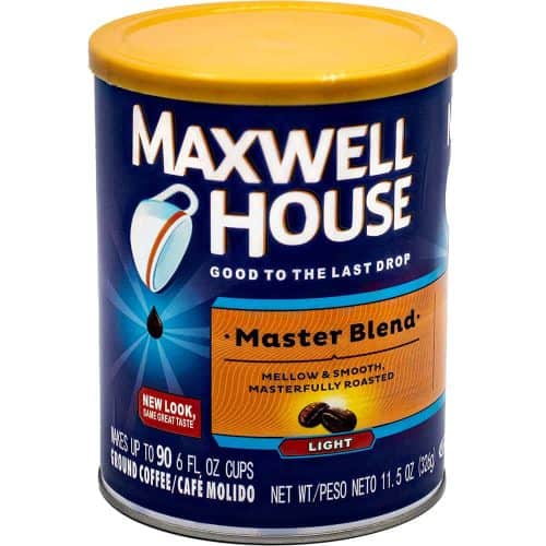 Maxwell House Master Blend coffee can, 11.5 oz, mellow and smooth flavor, yellow lid, blue label.