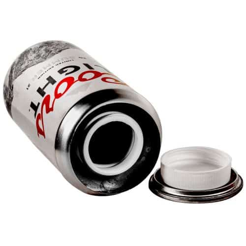 Opened insulated beverage can with a removed lid, showcasing its inner build on a white background.