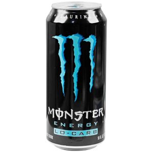Lo-Carb Monster Energy drink can on a white background, showcasing bold blue logo and energy boost.