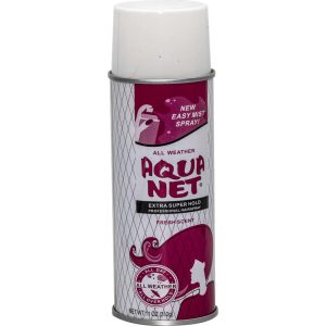 Aqua Net hairspray can with extra super hold for all-weather styling, 11 oz, fresh scent, new easy mist spray feature.