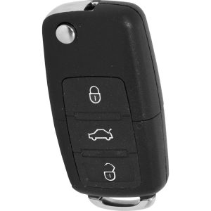 Close-up of a black car key fob with buttons for lock, unlock, and trunk release.