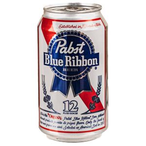 Can of Pabst Blue Ribbon beer with iconic red, white, and blue label, 12 fluid ounces.