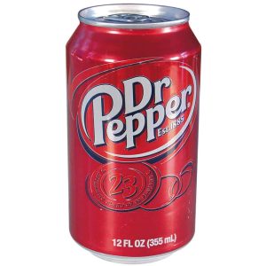 Red can of Dr Pepper soda, showcasing the logo and 23 flavors tagline. Classic beverage with 12 fl oz capacity.