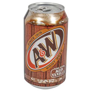 A&W Root Beer can with classic design and aged vanilla flavor text, isolated on white background.