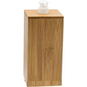 Bamboo soap dispenser with white pump, eco-friendly bathroom accessory on a white background.