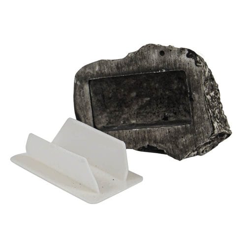 Rustic soap holder with white plastic compartment and weathered wood design for bathroom decor.